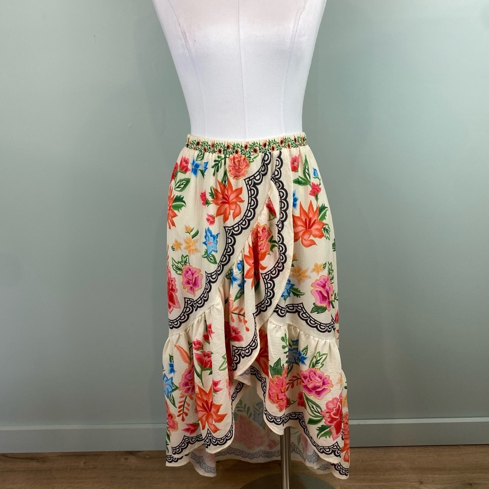 Altar’d State floral print faux wrap ruffle hem hi-lo Maxi skirt resort size Med